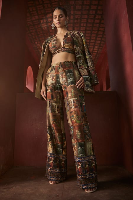 Buy_Reynu Taandon_Brown Chanderi Sequins, Beads Plunge Neck Kalamkari Print Jacket And Pant Set 