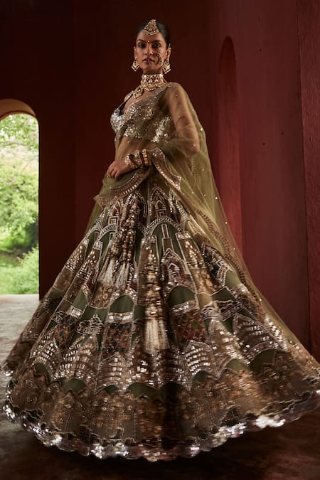 Reynu Taandon Green Chanderi, Linen Sequins, Beads, Mirrors Kalamkari Patchwork Lehenga Set Online at Aza Fashions Reynu Taandon_Green Chanderi, Linen Sequins, Beads, Mirrors Kalamkari Patchwork Lehenga Set _Online_at_Aza_Fashions