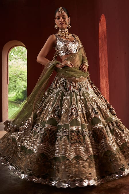 Buy Reynu Taandon Green Chanderi, Linen Sequins, Beads, Mirrors Kalamkari Patchwork Lehenga Set Online at Aza Fashions Buy_Reynu Taandon_Green Chanderi, Linen Sequins, Beads, Mirrors Kalamkari Patchwork Lehenga Set _Online_at_Aza_Fashions