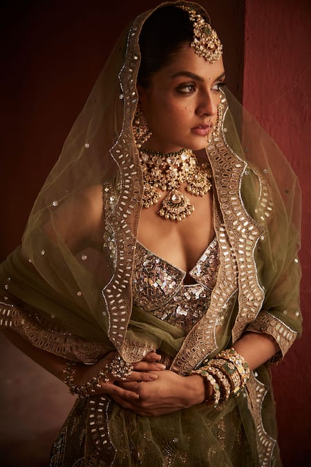 Shop Reynu Taandon Green Chanderi, Linen Sequins, Beads, Mirrors Kalamkari Patchwork Lehenga Set Online at Aza Fashions Shop_Reynu Taandon_Green Chanderi, Linen Sequins, Beads, Mirrors Kalamkari Patchwork Lehenga Set _Online_at_Aza_Fashions