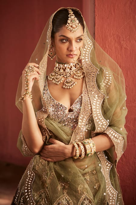 Reynu Taandon Green Chanderi, Linen Sequins, Beads, Mirrors Kalamkari Patchwork Lehenga Set at Aza Fashions Reynu Taandon_Green Chanderi, Linen Sequins, Beads, Mirrors Kalamkari Patchwork Lehenga Set _at_Aza_Fashions