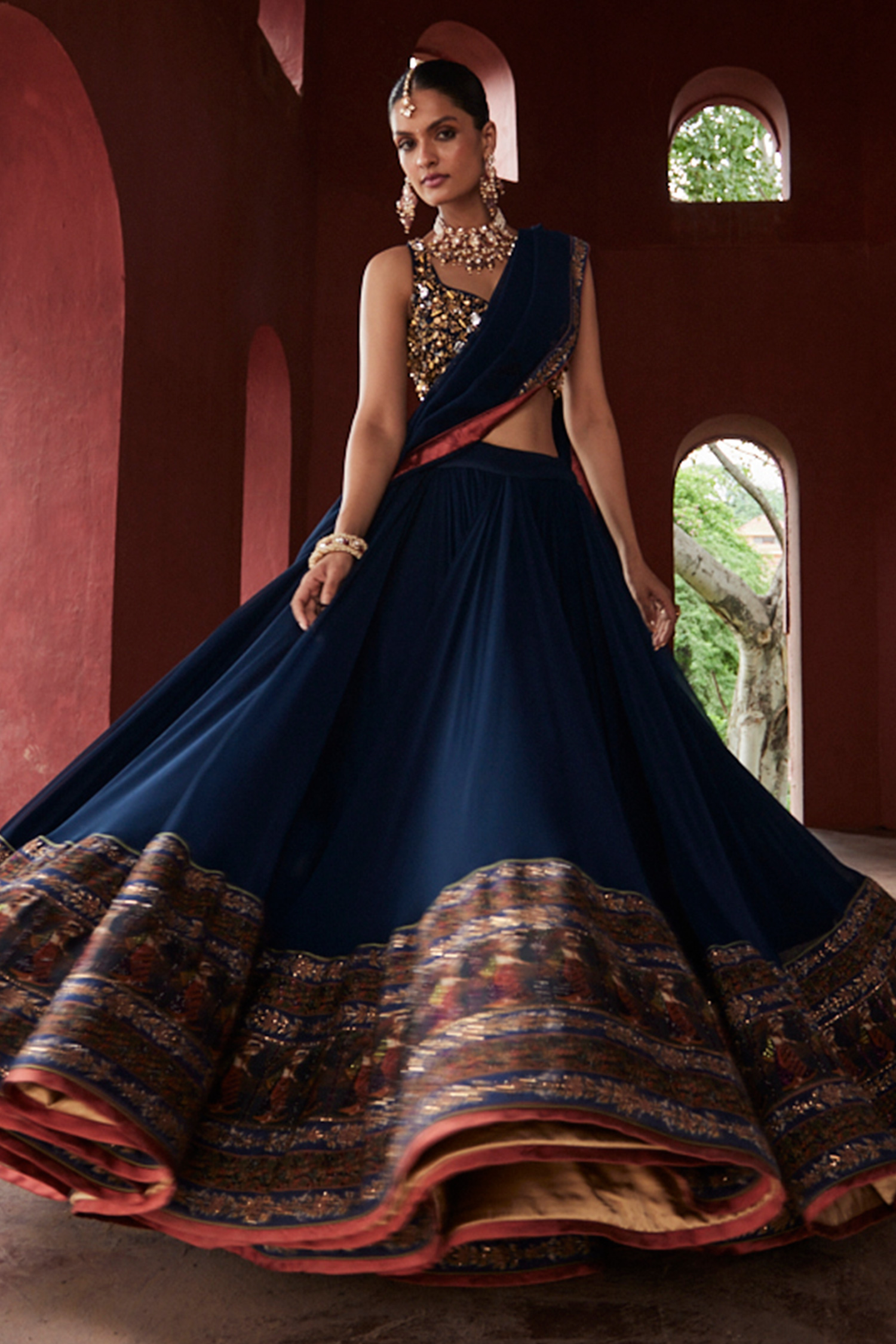 Shop_Reynu Taandon_Blue Georgette Crystals, Stones Kalamkari Print Border Lehenga Saree With Blouse _Online_at_Aza_Fashions