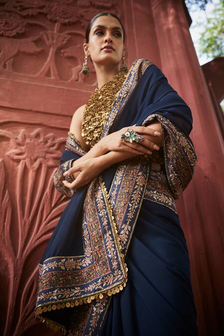 Buy_Reynu Taandon_Blue Georgette, Linen Sequins, Kalamkari Print Border Saree With Blouse 