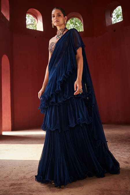 Reynu Taandon Pre-Draped Ruffle Saree With Corset 