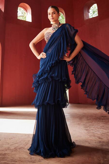 Buy_Reynu Taandon_Blue Georgette, Linen Sequins, Beads, Pre-draped Ruffle Saree With Corset _Online_at_Aza_Fashions
