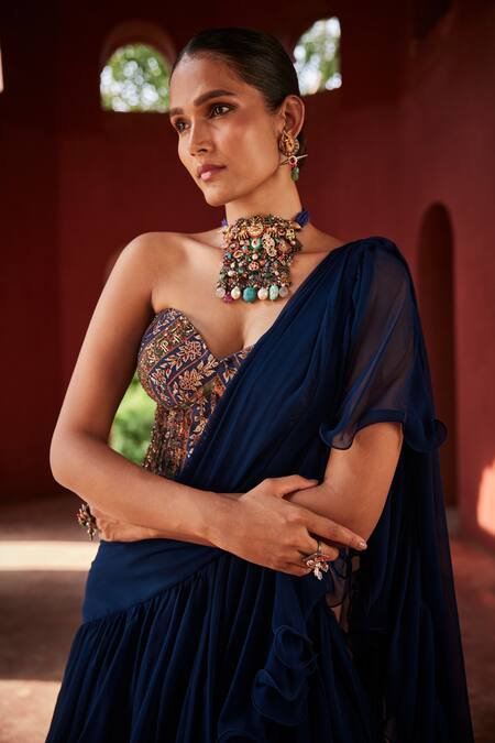 Reynu Taandon_Blue Georgette, Linen Sequins, Beads, Pre-draped Ruffle Saree With Corset _at_Aza_Fashions