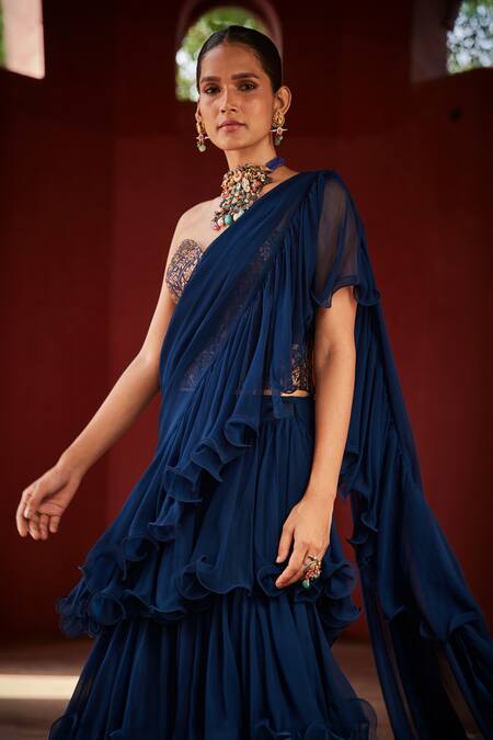 Buy_Reynu Taandon_Blue Georgette, Linen Sequins, Beads, Pre-draped Ruffle Saree With Corset 