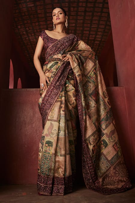 Reynu Taandon Elegant Nalki Bead Embroidered Border Saree With Blouse 