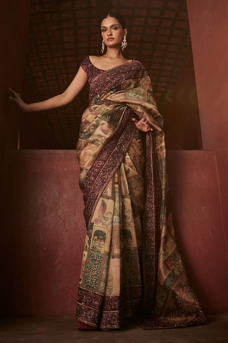 Reynu Taandon Elegant Nalki Bead Embroidered Border Saree With Blouse 