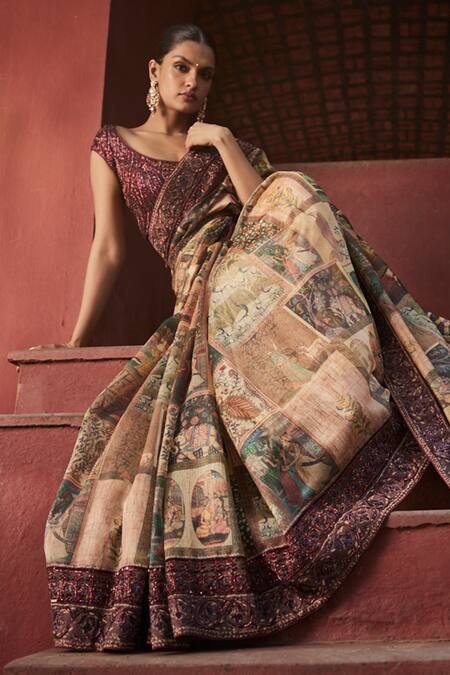 Shop_Reynu Taandon_Brown Chanderi, Linen, Cotton Beads, Elegant Nalki Border Saree With Blouse _Online_at_Aza_Fashions