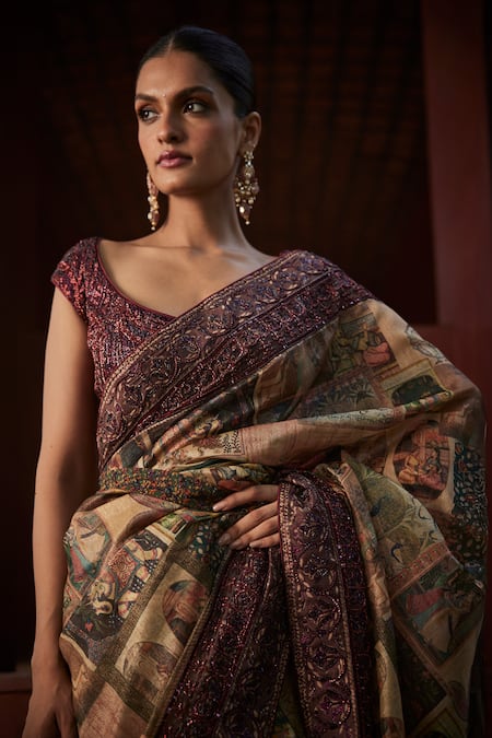 Reynu Taandon_Brown Chanderi, Linen, Cotton Beads, Elegant Nalki Border Saree With Blouse _at_Aza_Fashions