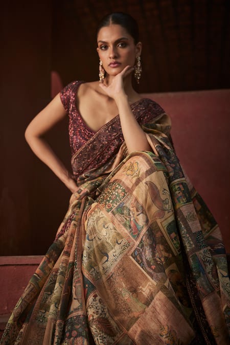 Buy_Reynu Taandon_Brown Chanderi, Linen, Cotton Beads, Elegant Nalki Border Saree With Blouse 
