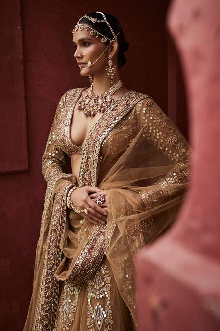 Shop_Reynu Taandon_Green Chanderi, Linen Embroidery, Opulent Swarovski Crystal Bridal Lehenga Set _Online_at_Aza_Fashions