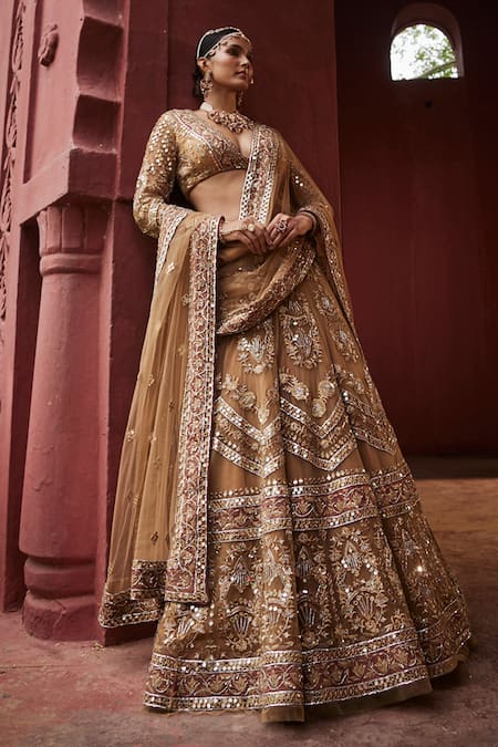 Reynu Taandon_Green Chanderi, Linen Embroidery, Opulent Swarovski Crystal Bridal Lehenga Set _at_Aza_Fashions