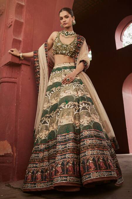 Buy_Reynu Taandon_Beige Chanderi, Chiffon Embroidery, Crystals, Opulent Printed Lehenga Set _Online_at_Aza_Fashions