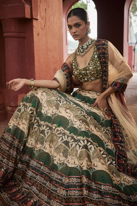 Shop_Reynu Taandon_Beige Chanderi, Chiffon Embroidery, Crystals, Opulent Printed Lehenga Set _Online_at_Aza_Fashions