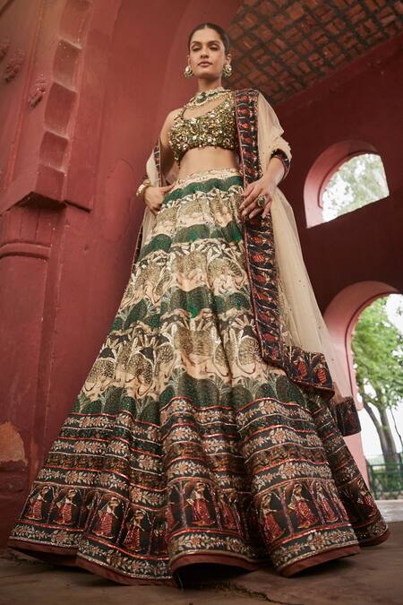Buy_Reynu Taandon_Beige Chanderi, Chiffon Embroidery, Crystals, Opulent Printed Lehenga Set 