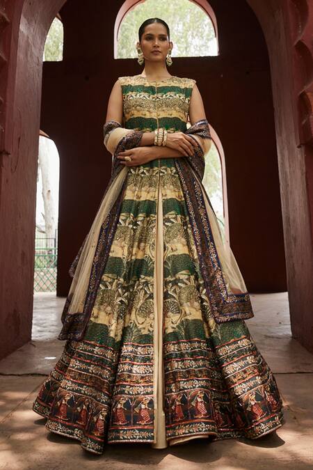 Shop_Reynu Taandon_Beige Chanderi, Linen Embroidery, Stones Elegant Kalamkari Print Achkan Set _Online_at_Aza_Fashions