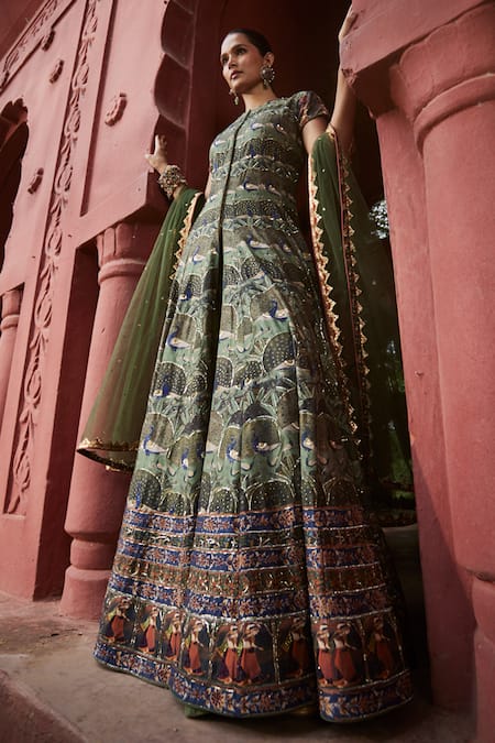 Reynu Taandon Elegant Kalamkari Print Embroidered Achkan Set 