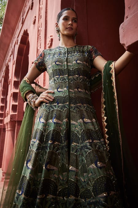 Shop_Reynu Taandon_Green Chanderi Embroidery, Smocking Round Elegant Kalamkari Print Achkan Set _Online_at_Aza_Fashions