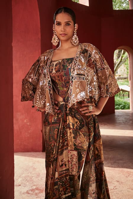 Reynu Taandon Kalamkari Print Embroidered Pre-Draped Saree Gown With Cape 