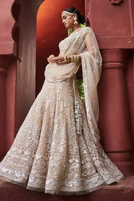 Shop_Reynu Taandon_Ivory Chanderi, Linen Embroidery, Sequins Plunge Neck Elegant Lehenga Set _Online_at_Aza_Fashions