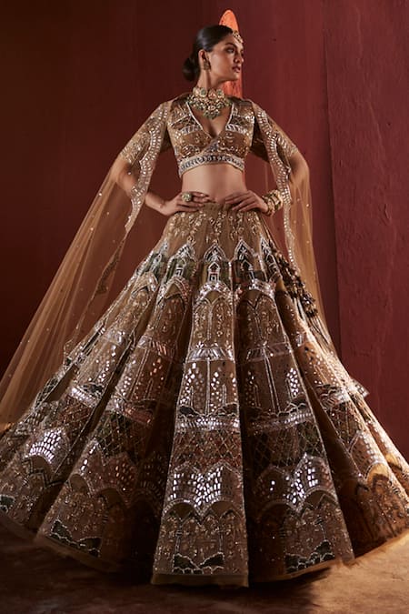 Reynu Taandon Beige Chanderi Embroidered Mirror Plunging And Sequin Bridal Lehenga Set 