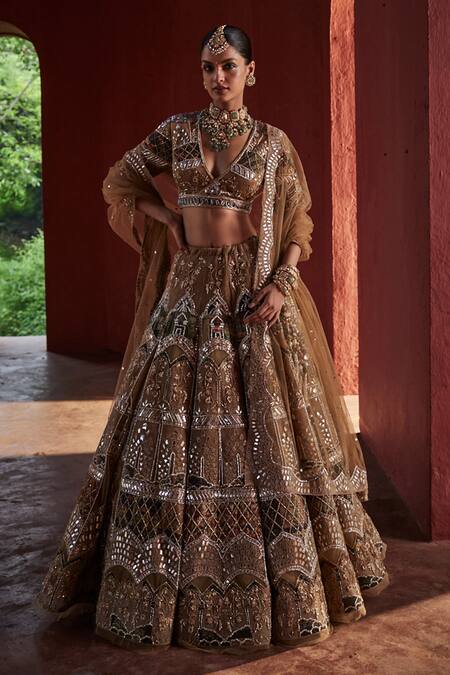 Buy_Reynu Taandon_Beige Chanderi, Linen Mirrors, Sequins Plunge And Embroidered Bridal Lehenga Set _Online_at_Aza_Fashions