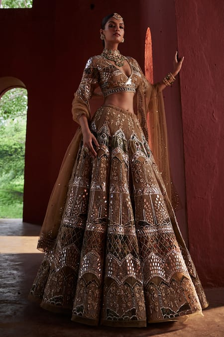 Shop_Reynu Taandon_Beige Chanderi, Linen Mirrors, Sequins Plunge And Embroidered Bridal Lehenga Set _Online_at_Aza_Fashions