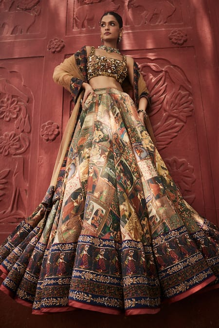 Reynu Taandon Exquisite Kalamkari Print Embellished Lehenga Set 