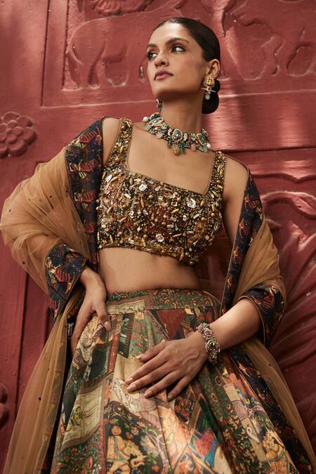 Buy_Reynu Taandon_Brown Chanderi, Linen Stones, Exquisite Kalamkari Print Embellished Lehenga Set _Online_at_Aza_Fashions