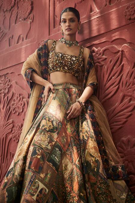 Reynu Taandon_Brown Chanderi, Linen Stones, Exquisite Kalamkari Print Embellished Lehenga Set _at_Aza_Fashions