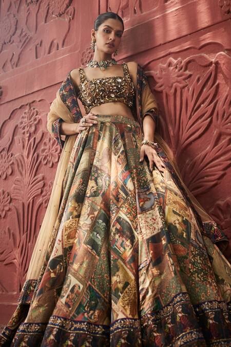 Buy_Reynu Taandon_Brown Chanderi, Linen Stones, Exquisite Kalamkari Print Embellished Lehenga Set 