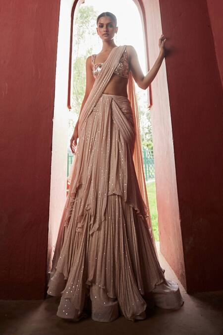 Reynu Taandon_Ivory Chanderi Sequins Sweetheart Neck Layered Pre-draped Saree With Blouse _Online_at_Aza_Fashions