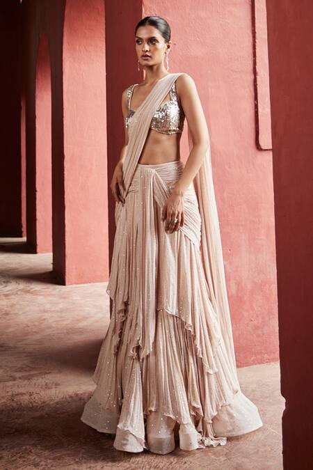 Buy_Reynu Taandon_Ivory Chanderi Sequins Sweetheart Neck Layered Pre-draped Saree With Blouse _Online_at_Aza_Fashions