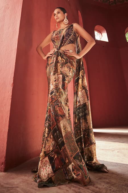 Reynu Taandon Brown Chanderi Printed Kalamkari Straight Pre-draped Saree Gown 