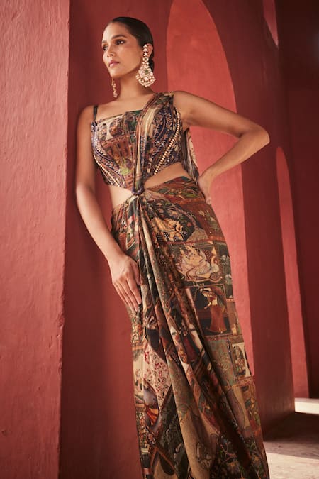 Shop_Reynu Taandon_Brown Chanderi Beads Kalamkari Printed Pre-draped Saree Gown _Online_at_Aza_Fashions