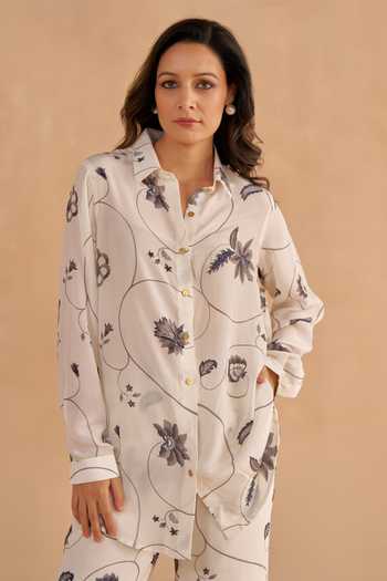 Buy_Ruchi Marodia_White Crepe Silk Digital Printed Chintz Floral Collar Shirt And Pant Set _Online_at_Aza_Fashions
