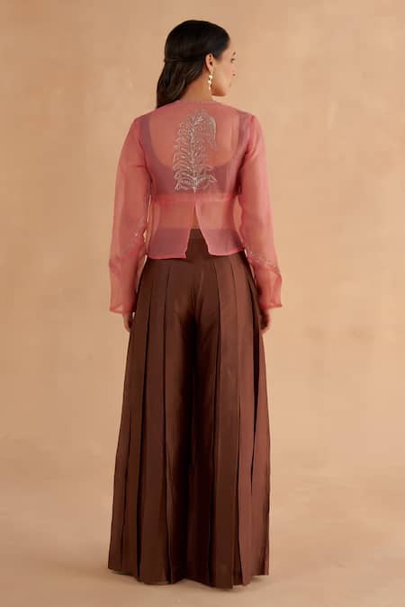 Shop Ruchi Marodia Pink Organza Embroidery Zardozi Open Placement Jacket at Aza Fashions Shop_Ruchi Marodia_Pink Organza Embroidery Zardozi Open Placement Jacket _at_Aza_Fashions