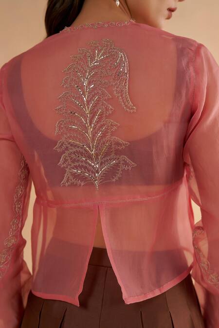 Buy Ruchi Marodia Pink Organza Embroidery Zardozi Open Placement Jacket Online at Aza Fashions Buy_Ruchi Marodia_Pink Organza Embroidery Zardozi Open Placement Jacket _Online_at_Aza_Fashions