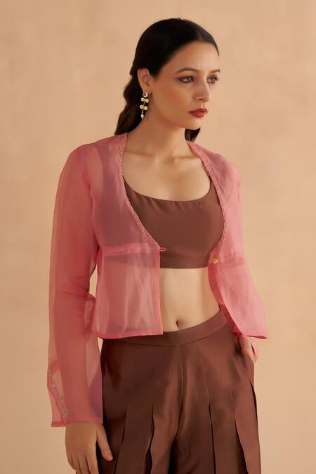Shop Ruchi Marodia Pink Organza Embroidery Zardozi Open Placement Jacket Online at Aza Fashions Shop_Ruchi Marodia_Pink Organza Embroidery Zardozi Open Placement Jacket _Online_at_Aza_Fashions