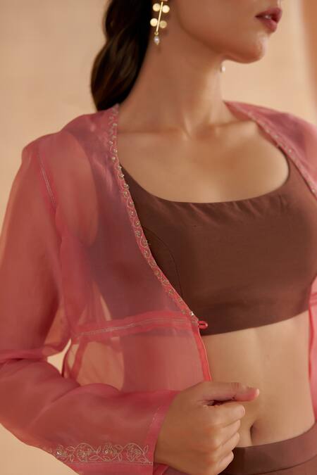 Ruchi Marodia Pink Organza Embroidery Zardozi Open Placement Jacket at Aza Fashions Ruchi Marodia_Pink Organza Embroidery Zardozi Open Placement Jacket _at_Aza_Fashions
