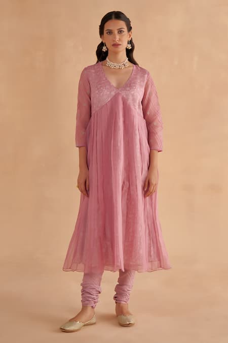 Buy_Ruchi Marodia_Purple Organza, Muslin, Silk Embroidery, Chintz Floral Print A-line Kurta Set _Online_at_Aza_Fashions