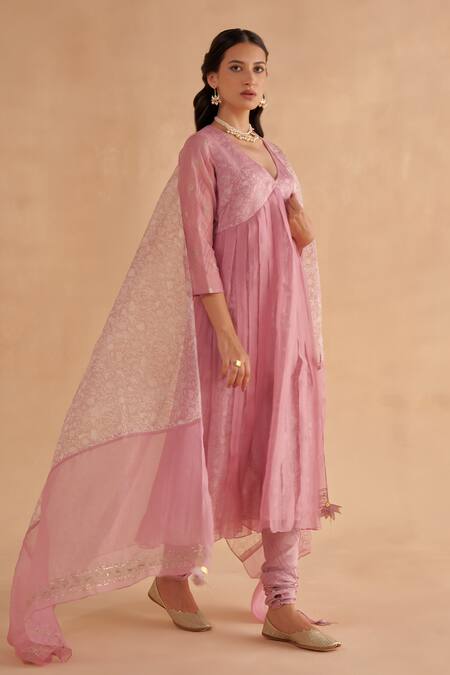 Shop_Ruchi Marodia_Purple Organza, Muslin, Silk Embroidery, Chintz Floral Print A-line Kurta Set _Online_at_Aza_Fashions
