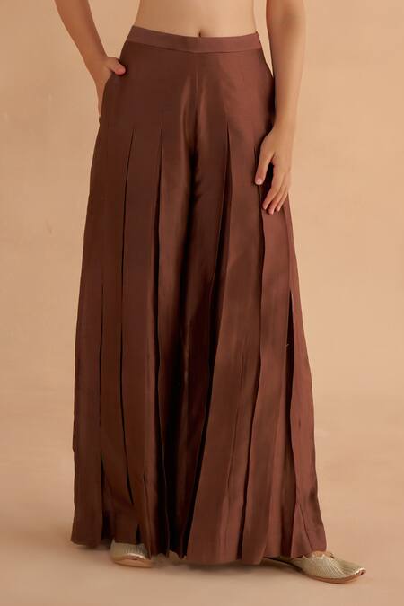 Buy_Ruchi Marodia_Brown Chanderi Plain Scoop Neck Blouse And Pleated Pant Set _Online_at_Aza_Fashions
