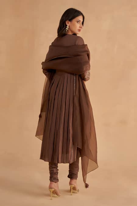 Shop Ruchi Marodia Brown Chiffon, Silk Embroidery, Mirrors V-neck Sleeve A-line Kurta Set at Aza Fashions Shop_Ruchi Marodia_Brown Chiffon, Silk Embroidery, Mirrors V-neck Sleeve A-line Kurta Set _at_Aza_Fashions