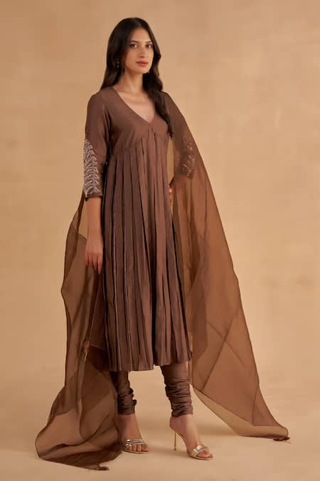 Ruchi Marodia Brown Chiffon, Silk Embroidery, Mirrors V-neck Sleeve A-line Kurta Set Online at Aza Fashions Ruchi Marodia_Brown Chiffon, Silk Embroidery, Mirrors V-neck Sleeve A-line Kurta Set _Online_at_Aza_Fashions