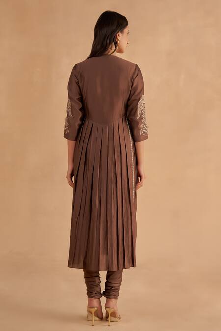 Buy Ruchi Marodia Brown Chiffon, Silk Embroidery, Mirrors V-neck Sleeve A-line Kurta Set Online at Aza Fashions Buy_Ruchi Marodia_Brown Chiffon, Silk Embroidery, Mirrors V-neck Sleeve A-line Kurta Set _Online_at_Aza_Fashions