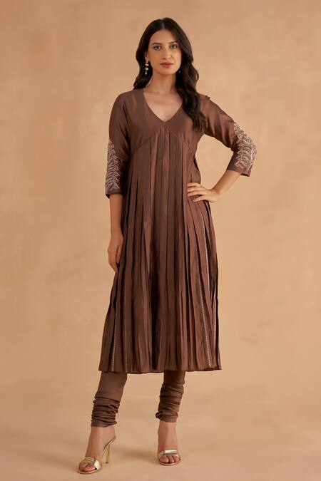 Shop Ruchi Marodia Brown Chiffon, Silk Embroidery, Mirrors V-neck Sleeve A-line Kurta Set Online at Aza Fashions Shop_Ruchi Marodia_Brown Chiffon, Silk Embroidery, Mirrors V-neck Sleeve A-line Kurta Set _Online_at_Aza_Fashions