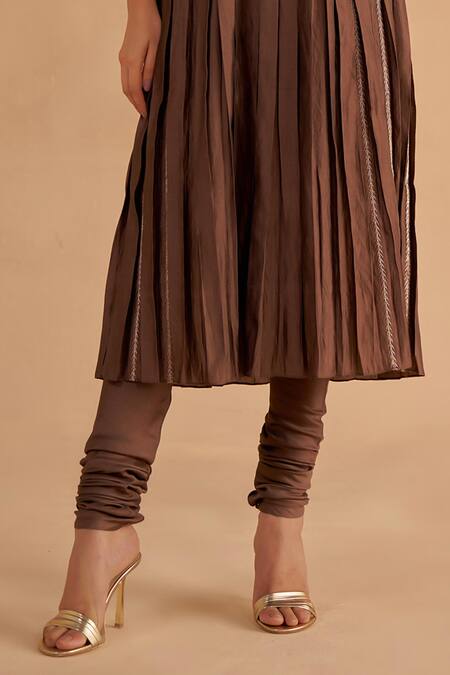 Ruchi Marodia Brown Chiffon, Silk Embroidery, Mirrors V-neck Sleeve A-line Kurta Set at Aza Fashions Ruchi Marodia_Brown Chiffon, Silk Embroidery, Mirrors V-neck Sleeve A-line Kurta Set _at_Aza_Fashions